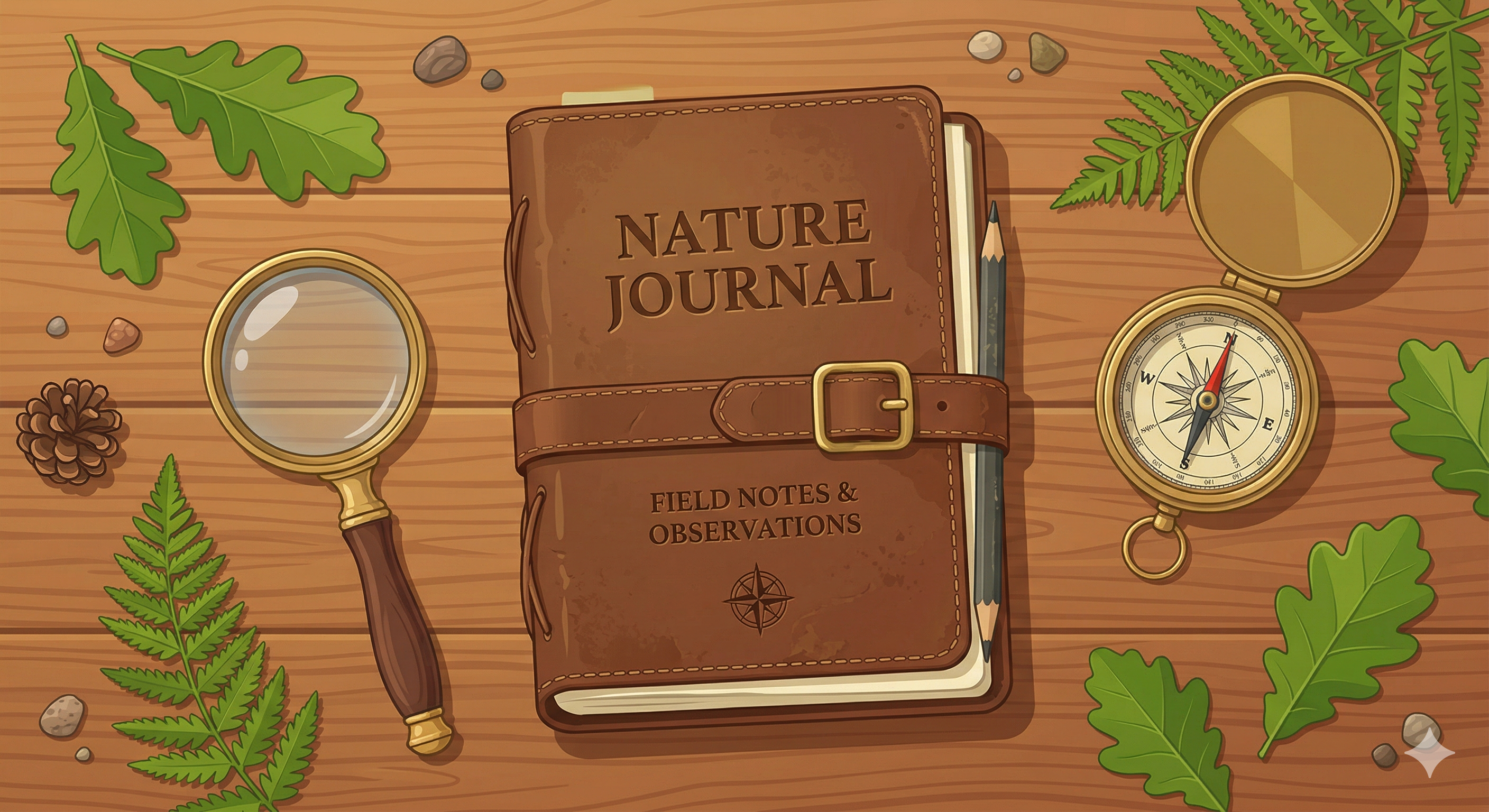 Nature journal on a desk with magnifying glass and compass